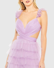 Purple Ruffle Tiered Tulle Cut Out Gown