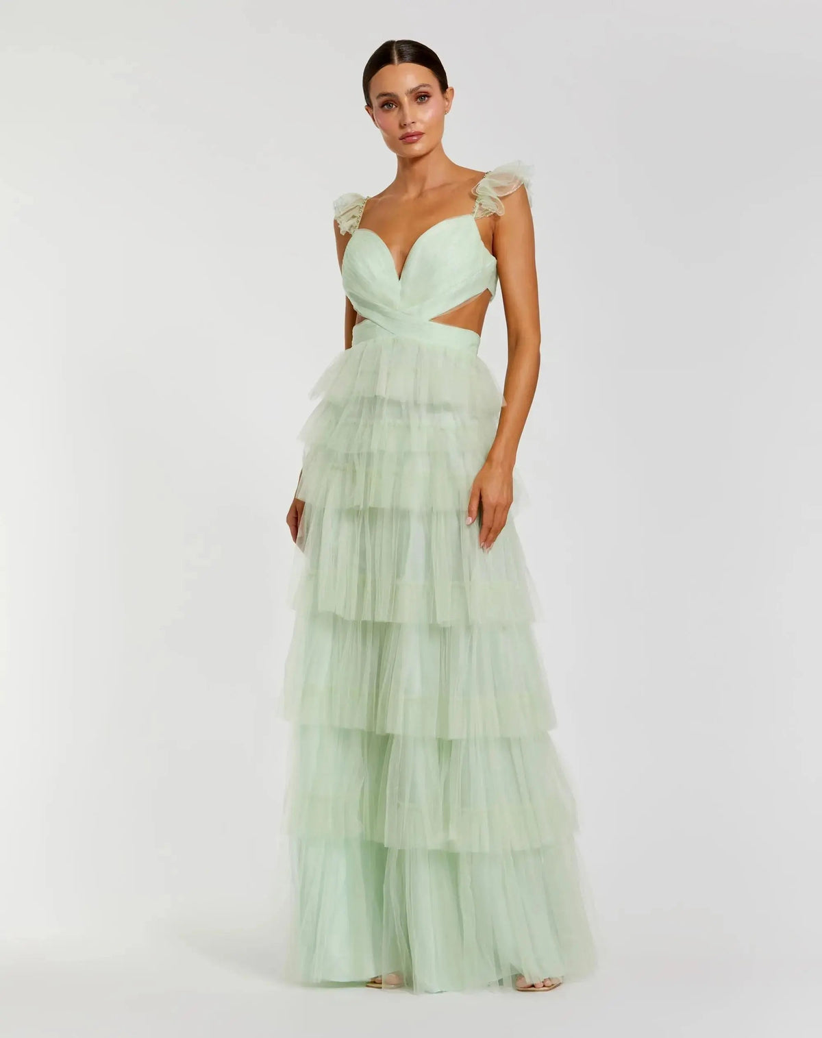 Green Ruffle Tiered Tulle Cut Out Gown