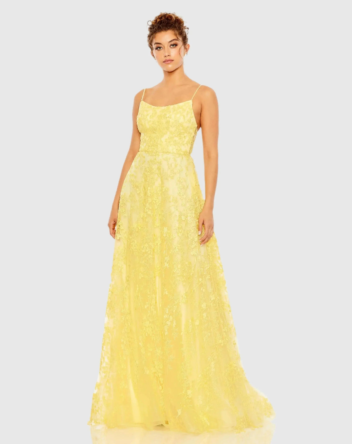 Yellow Floral Applique Cami A Line Gown