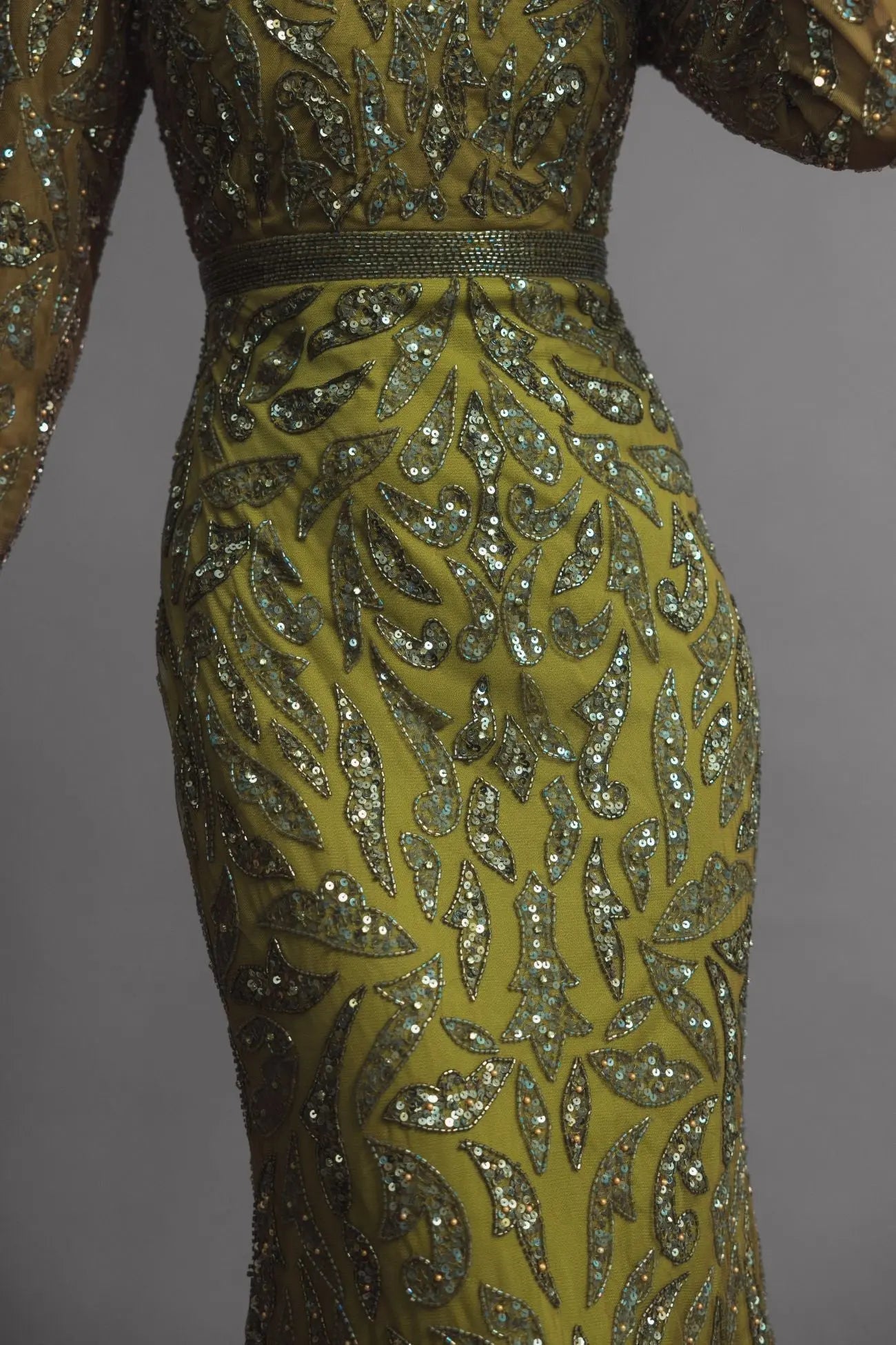 Green Long Sleeve Beaded Evening Gown