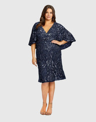 Navy Embellished Cape Sleeve Cocktail Dress (Plus)