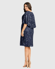 Navy Embellished Cape Sleeve Cocktail Dress (Plus)