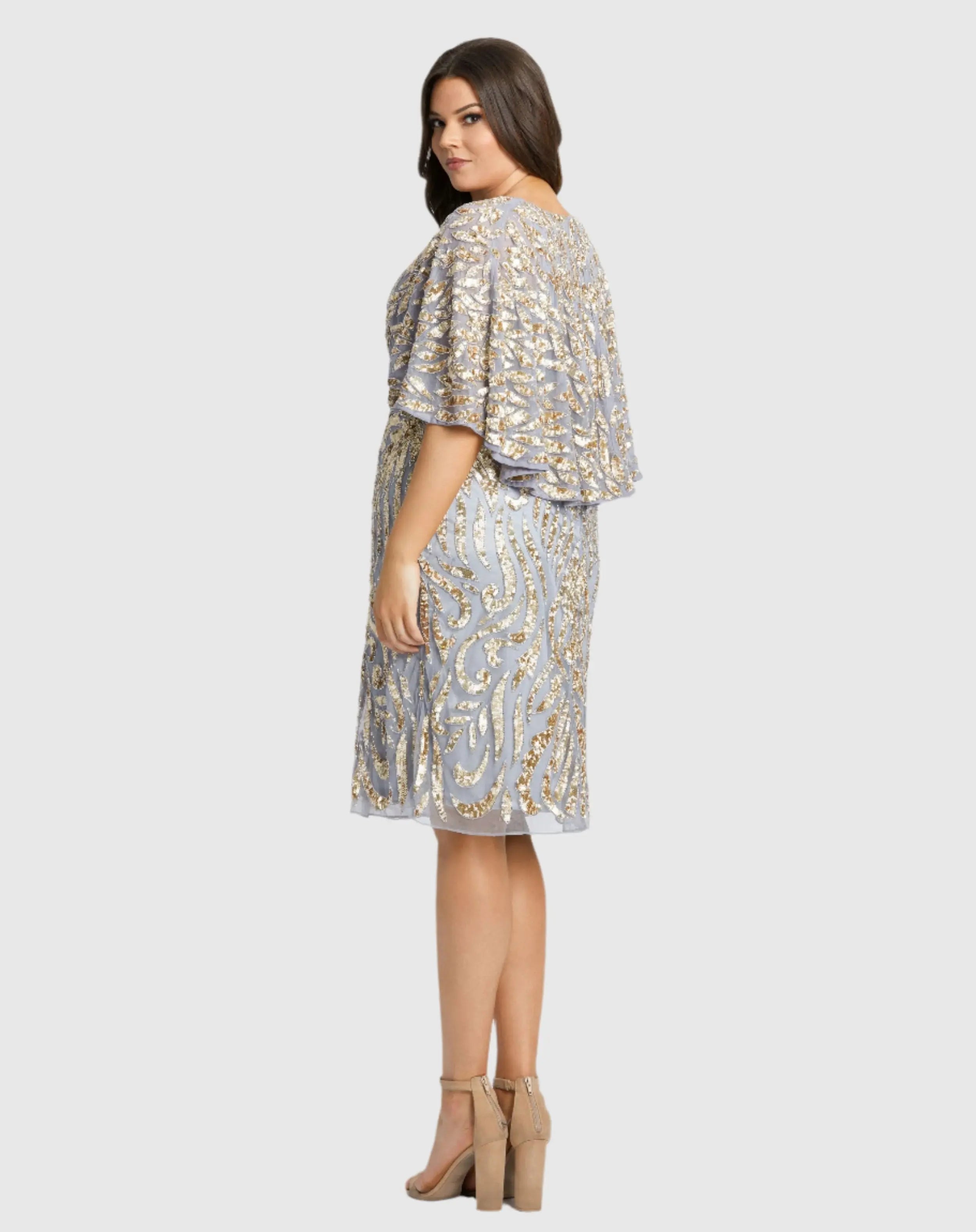 Gray Embellished Cape Sleeve Cocktail Dress (Plus)