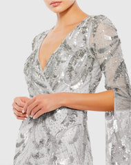Silver Sequined Faux Wrap Split Long Sleeve Gown
