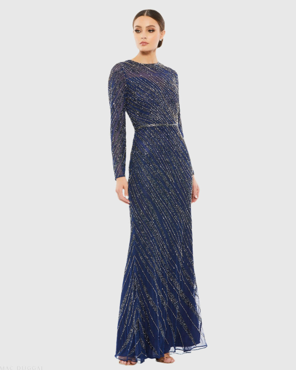 Navy Long Sleeve Beaded Column Gown