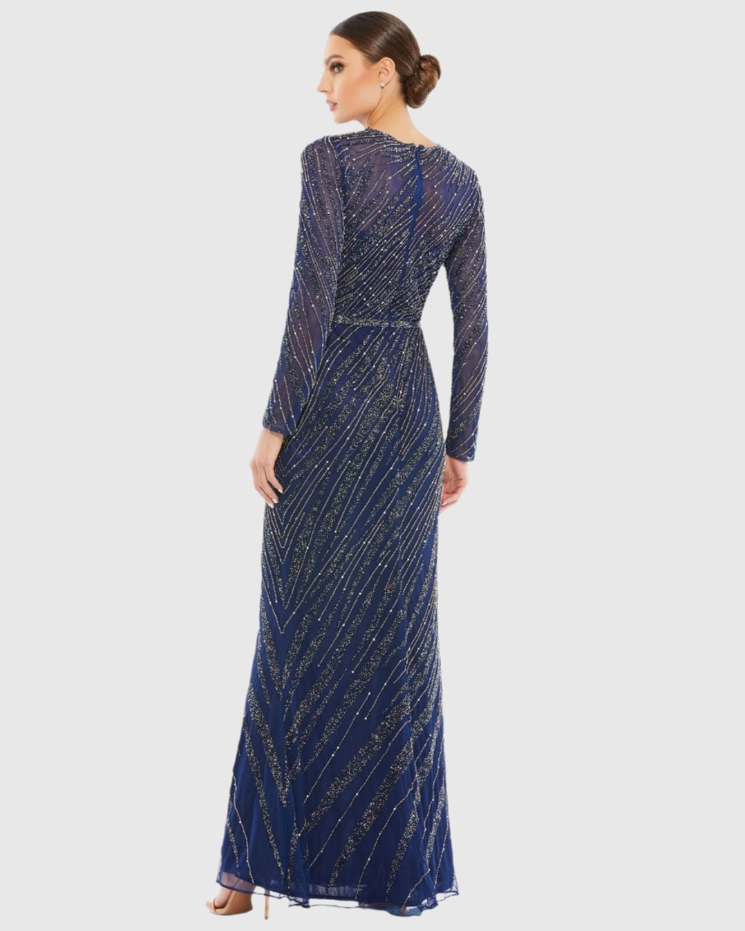 Navy Long Sleeve Beaded Column Gown