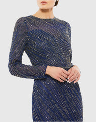 Navy Long Sleeve Beaded Column Gown