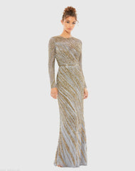 Gold and Blue Long Sleeve Beaded Column Gown