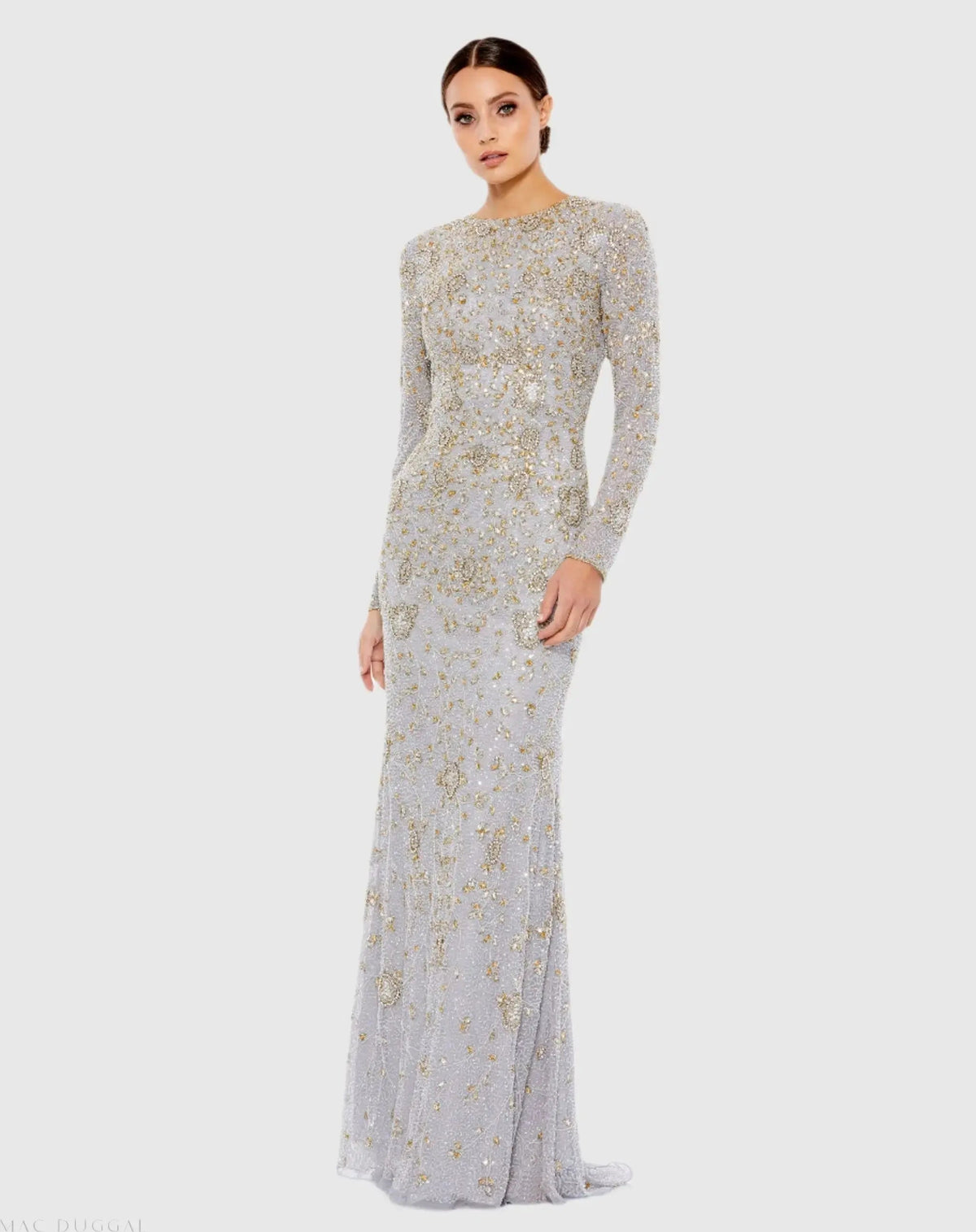 Two Tone Beaded High Neck Long Sleeve Gown