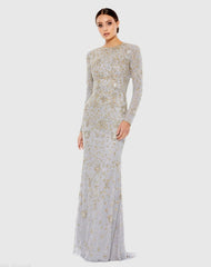 Two Tone Beaded High Neck Long Sleeve Gown