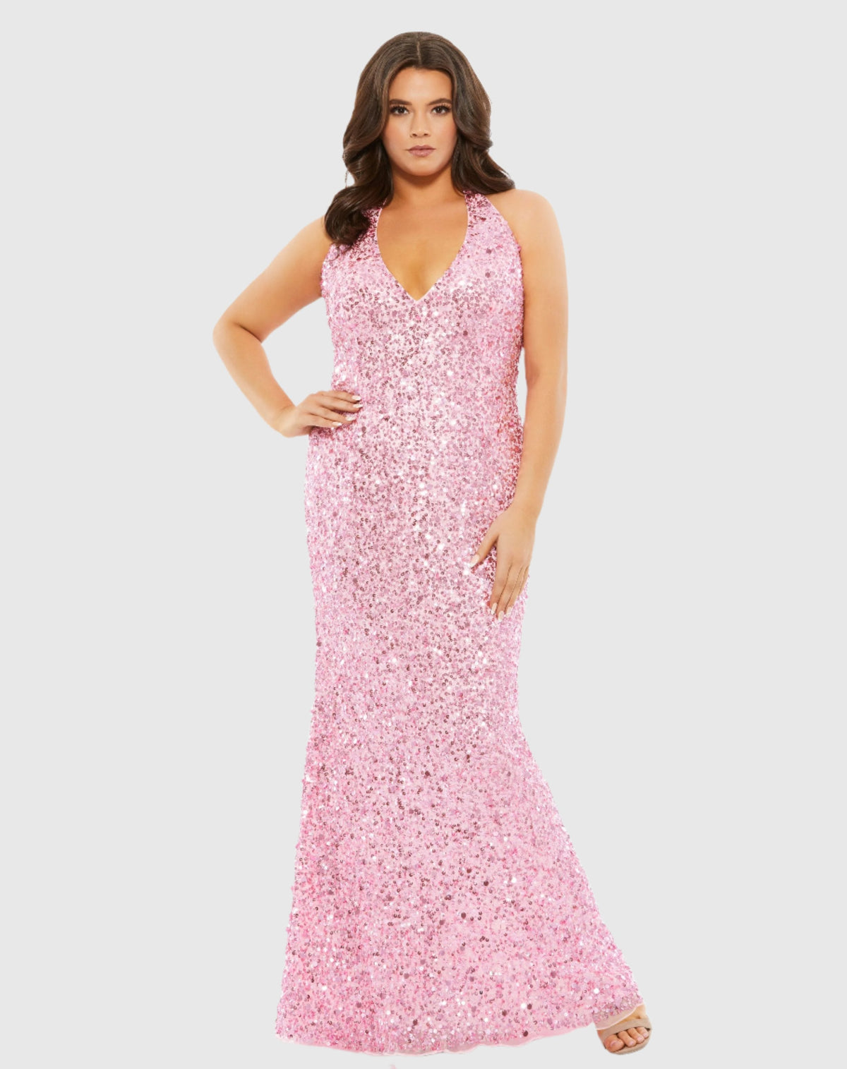 Pink Sequined Halter Strap Open Back Trumpet Gown (Plus)