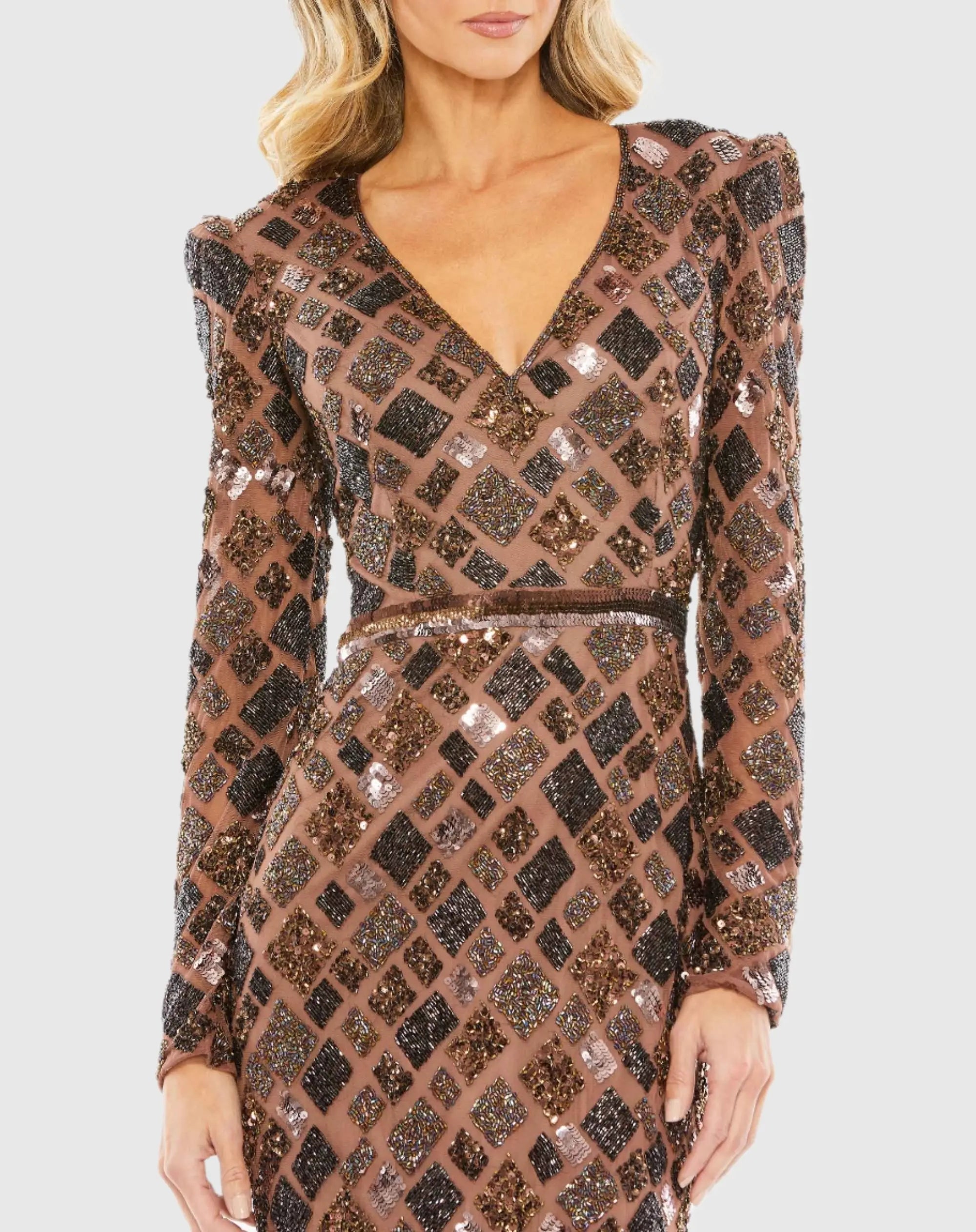 Brown Geo Embellished Midi Sheath Dress