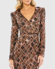 Brown Geo Embellished Midi Sheath Dress