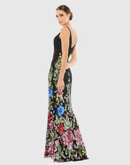Black Floral Embellished Spaghetti Strap Gown