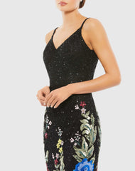 Black Floral Embellished Spaghetti Strap Gown