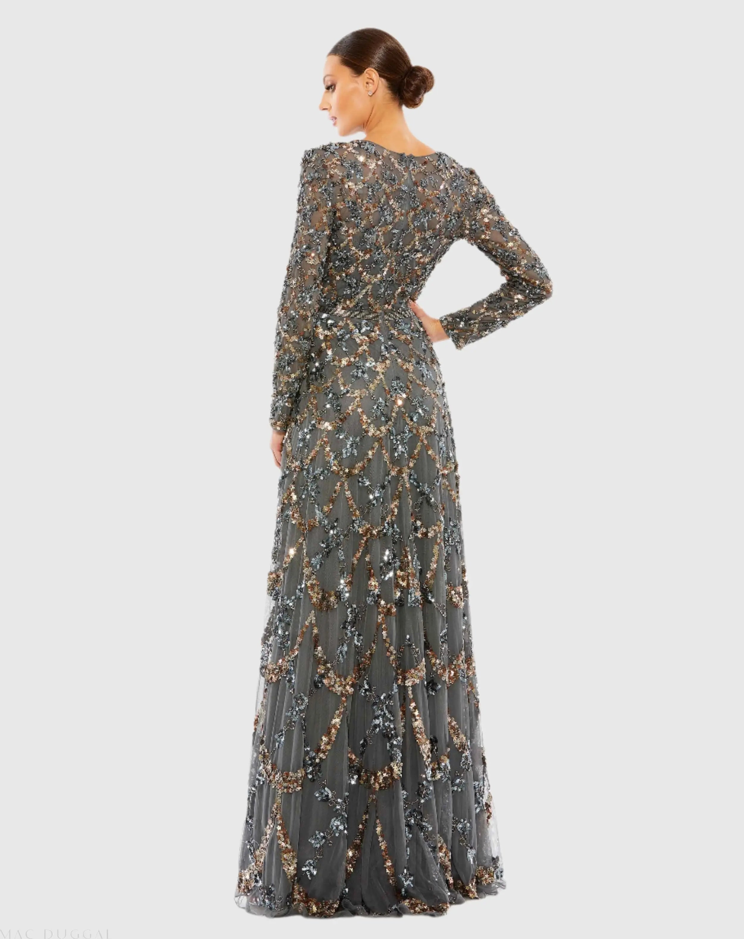 Gray Embellished Illusion High Neck Long Sleeve A Line Gown