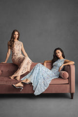 Pink Floral Embellished Cap Sleeve Column Gown