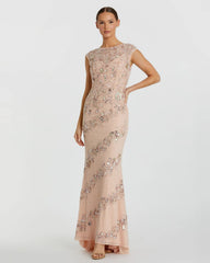 Pink Floral Embellished Cap Sleeve Column Gown