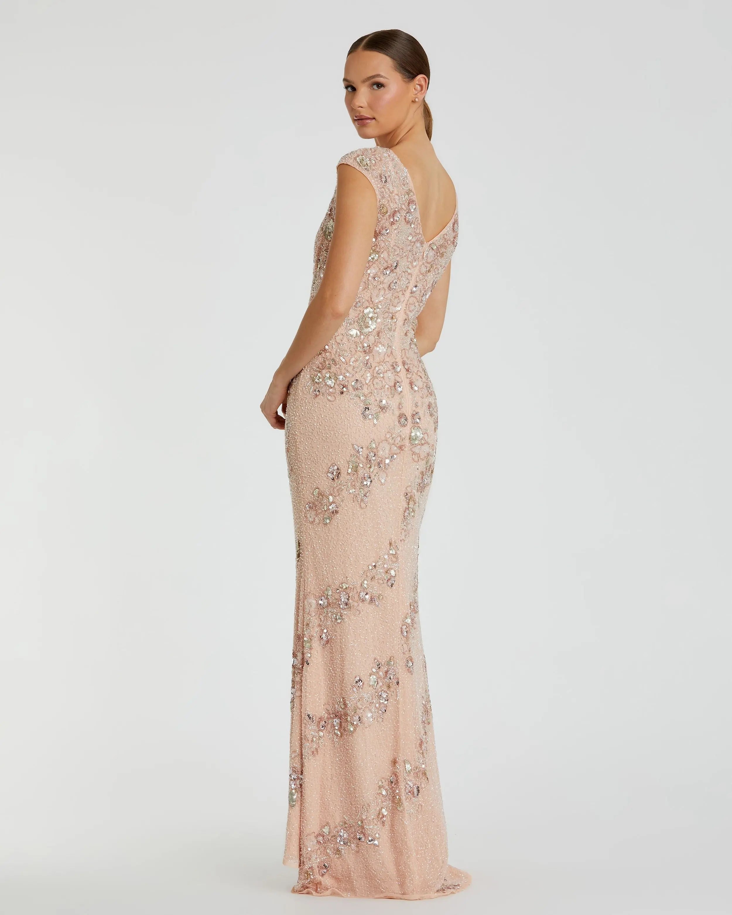 Pink Floral Embellished Cap Sleeve Column Gown