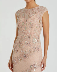 Pink Floral Embellished Cap Sleeve Column Gown