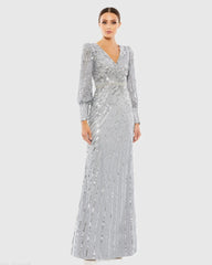 Silver Sequined Wrap Over Bishop Sleeve Gown