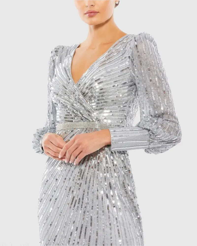 Silver Sequined Wrap Over Bishop Sleeve Gown