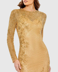 Gold Long Sleeve Embellished Gown