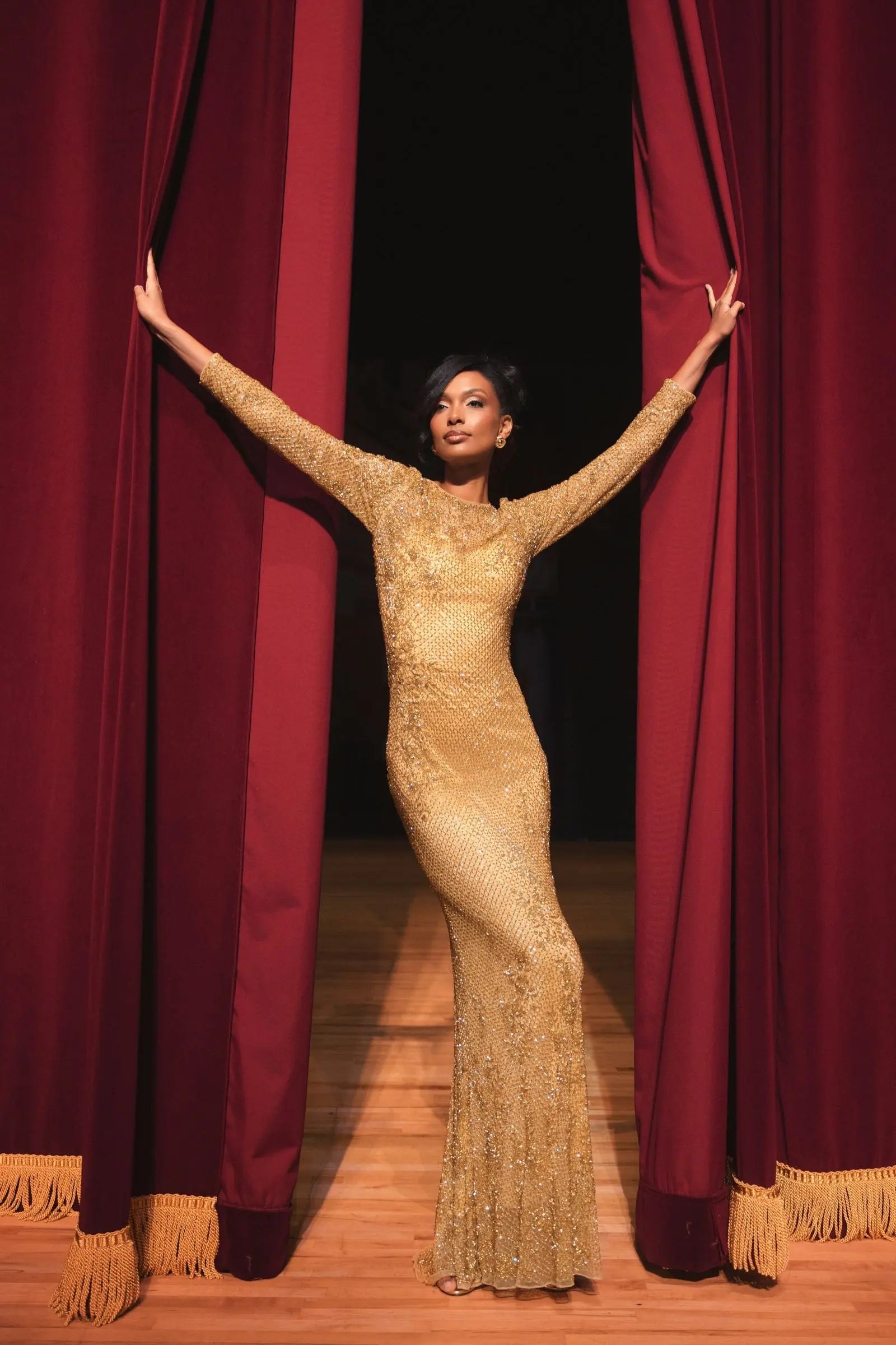 Gold Long Sleeve Embellished Gown