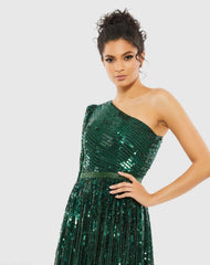 Green Sequined One Shoulder A Line Gown