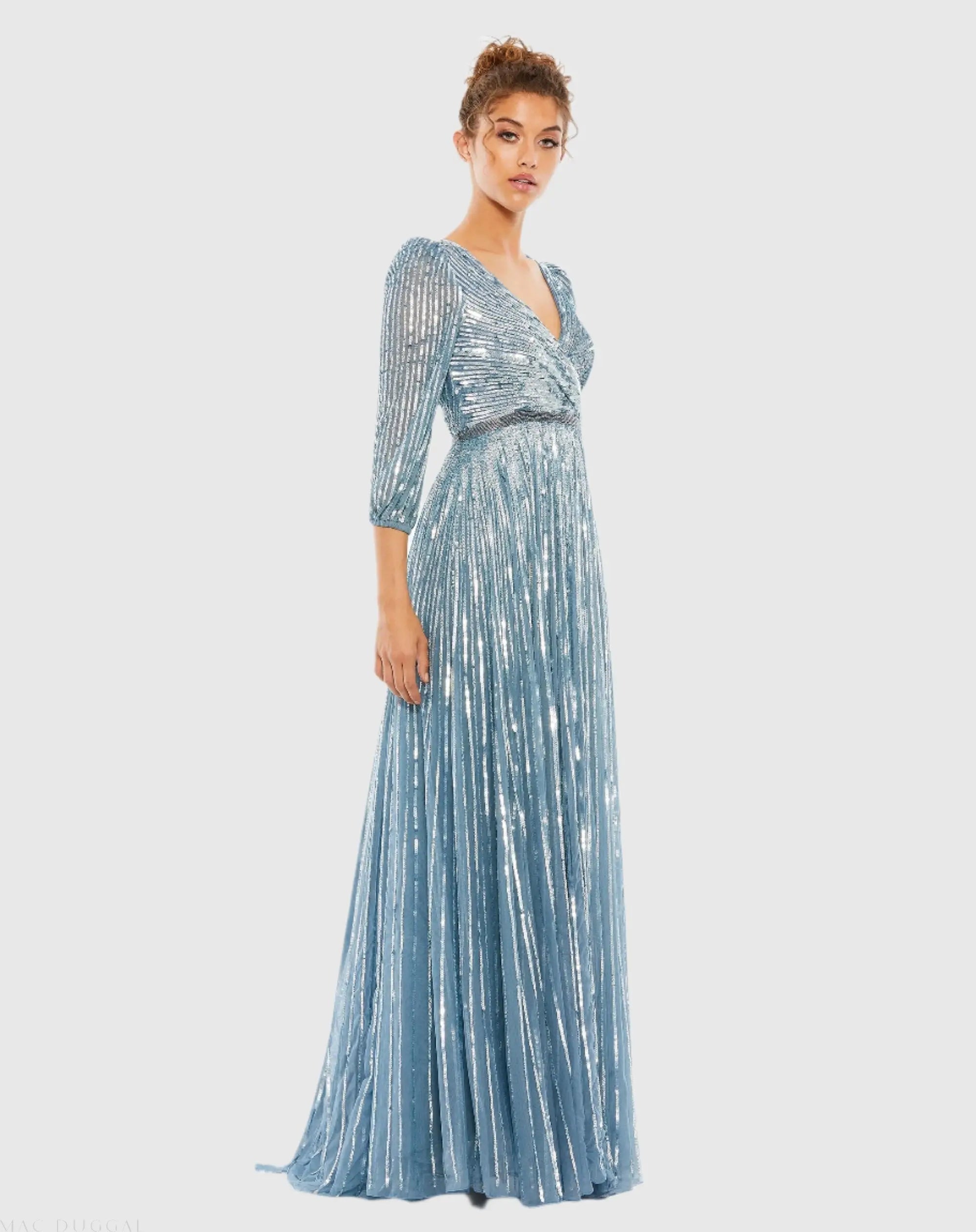 Blue Sequined Wrap Over 3/4 Sleeve Gown