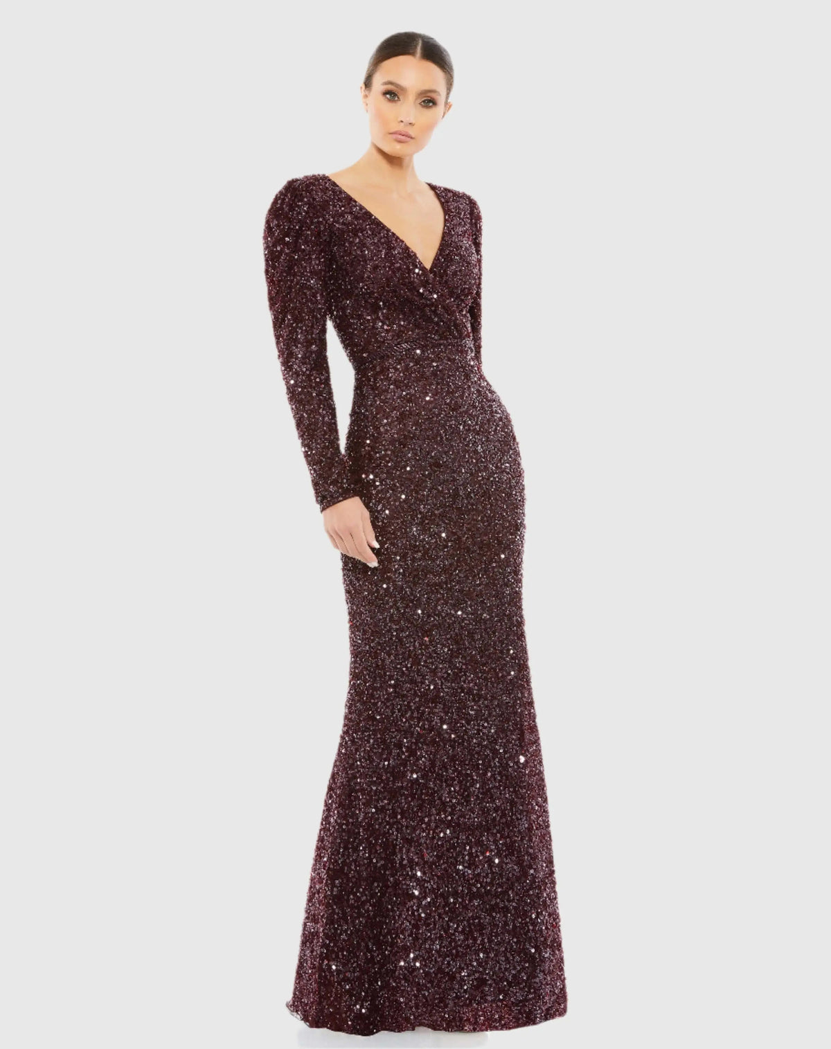 Red Puff Shoulder Sequined Surplice Gown