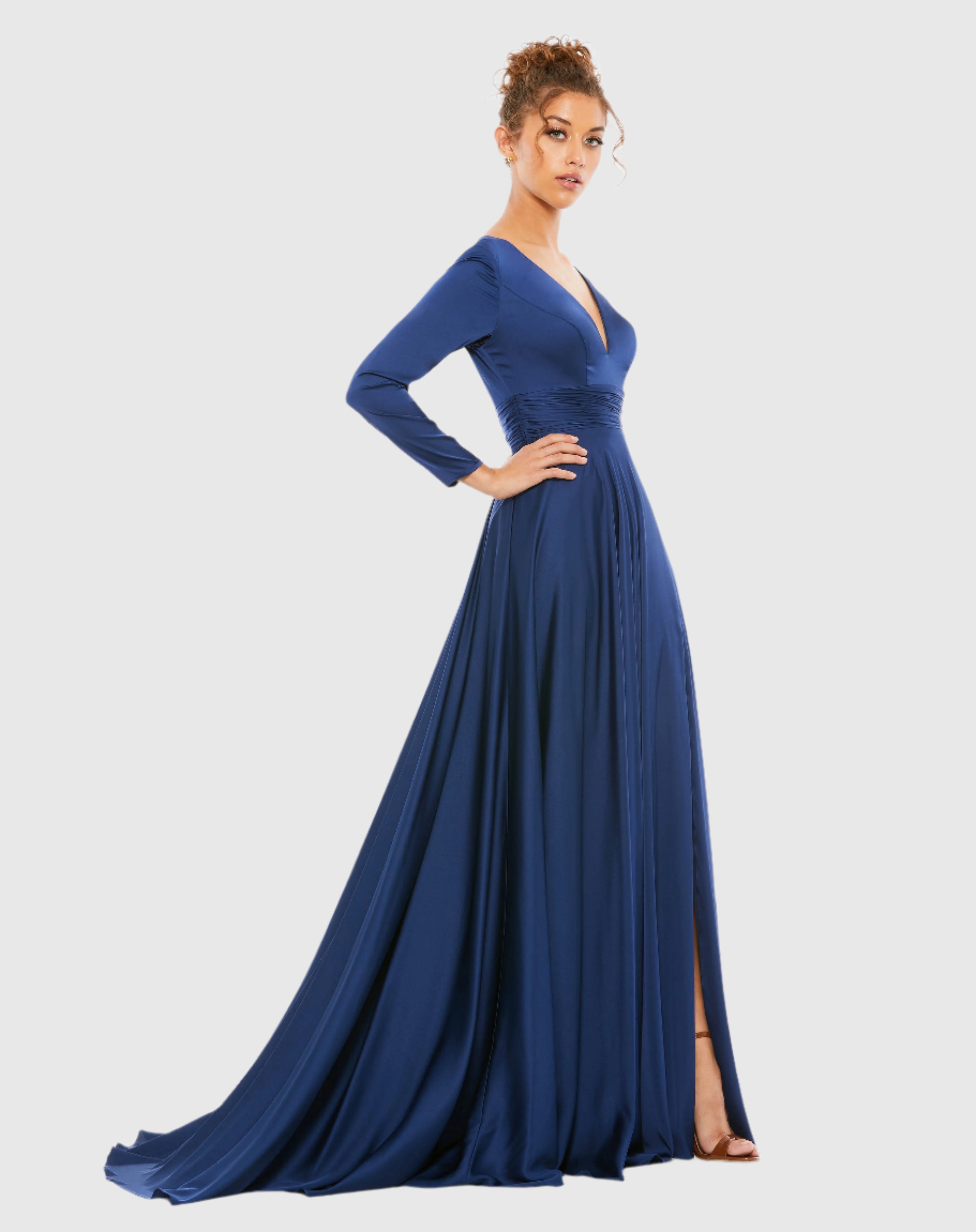 Navy Long Sleeve Ruched Waist A-Line Gown
