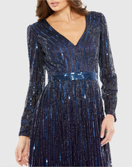 Navy Long Sleeve Tea Length Dress