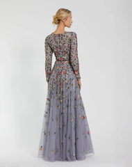 Gray Embellished High Neck Long Sleeve A Line Gown