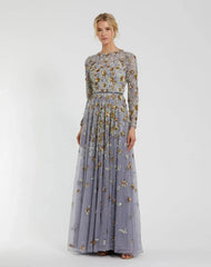 Platinum Embellished High Neck Long Sleeve A Line Gown