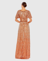 Orange Embellished V Neck Butterfly Sleeve Column Gown