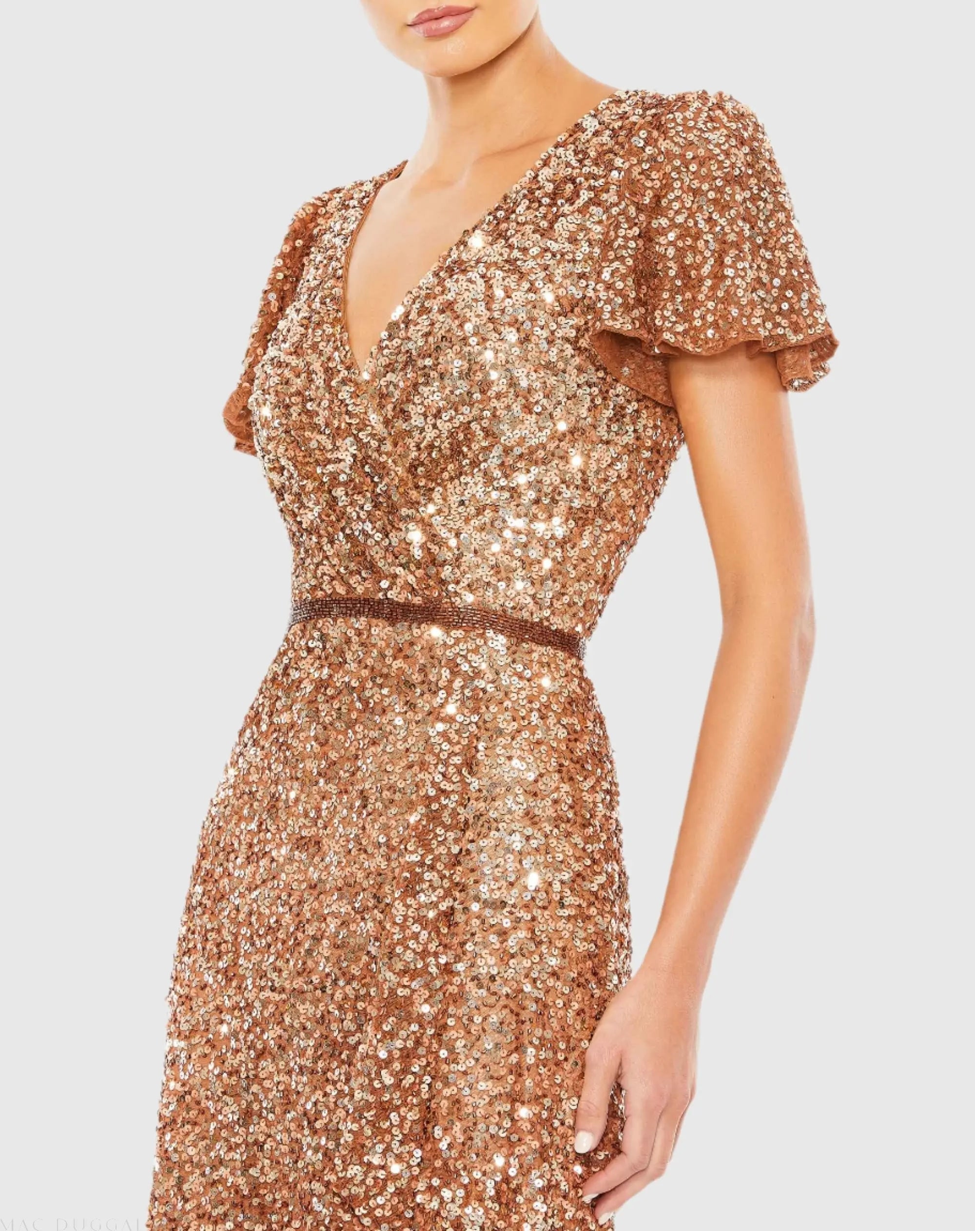 Copper Sequined Wrap Over Butterfly Sleeve Draped Gown