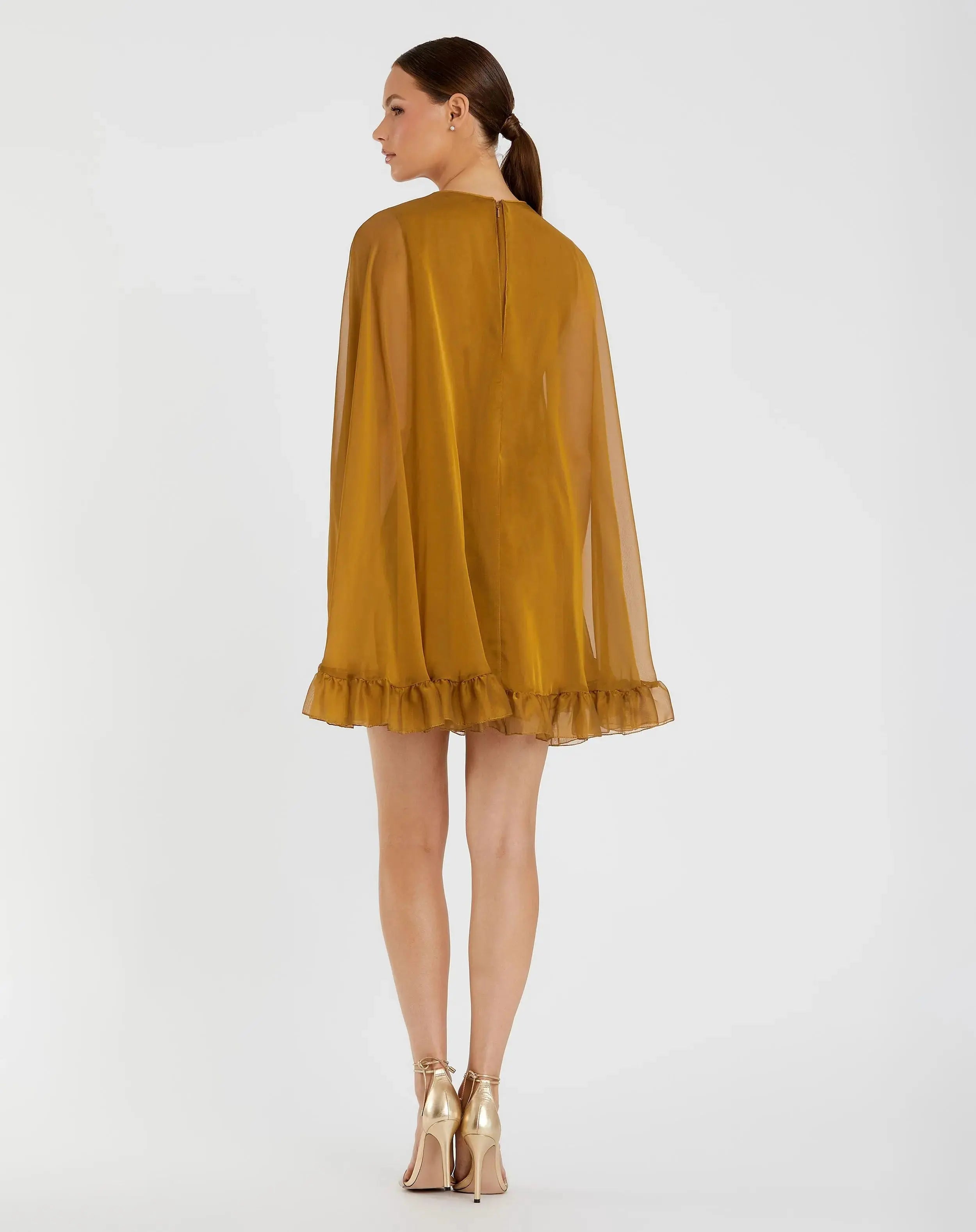 Dark Yellow High Neck Ruffle Hem Cape Mini Dress