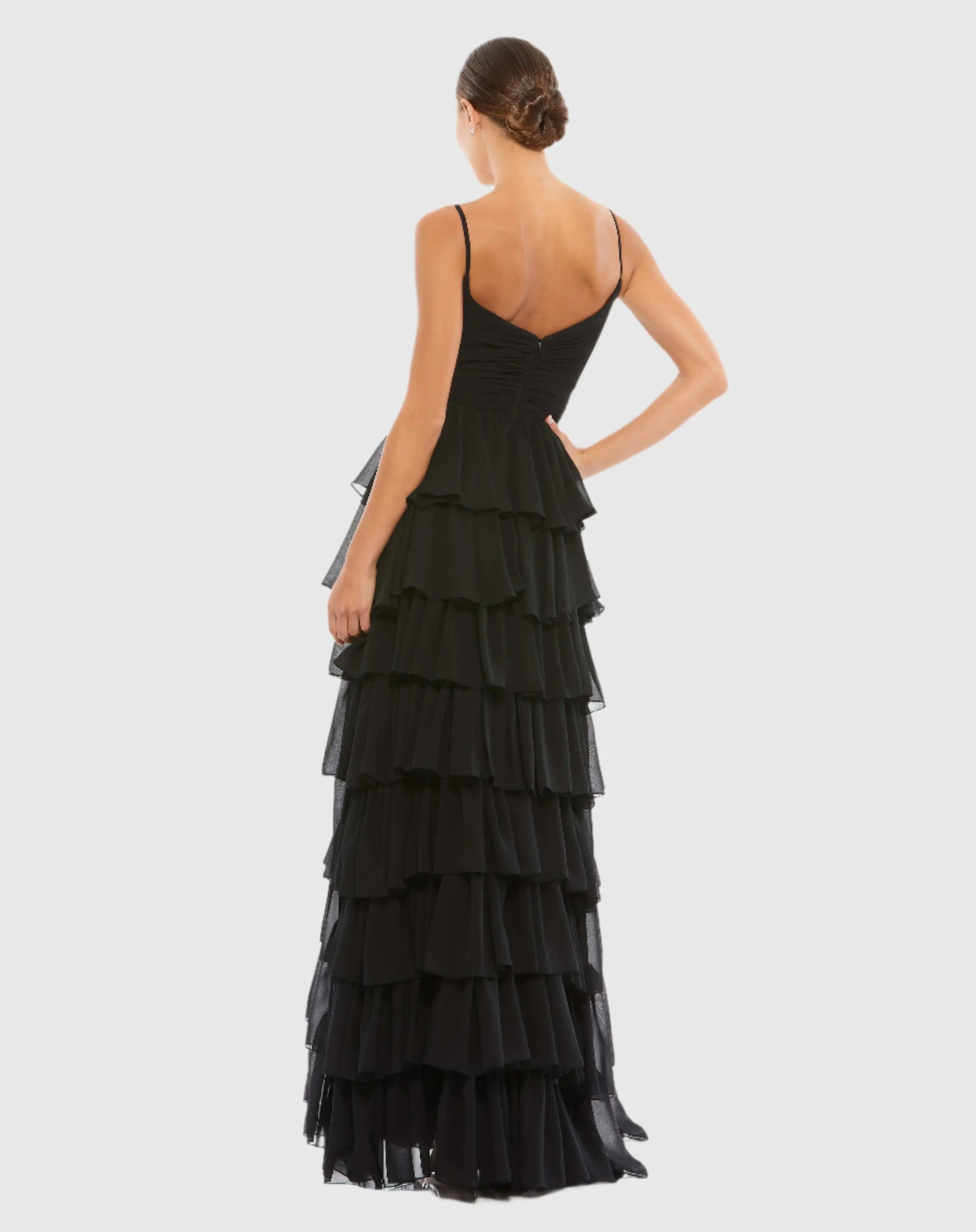 Black V-Neck Sleeveless Gown with Ruffled Skirt