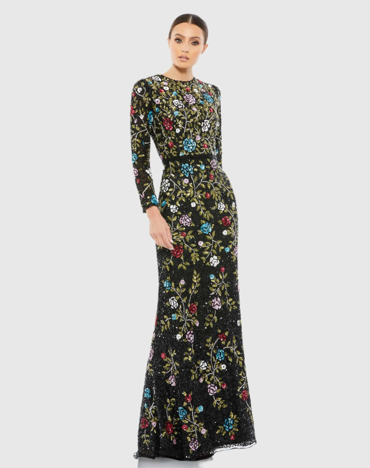 Black Floral Embellished Long Sleeve Gown