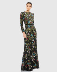 Black Floral Embellished Long Sleeve Gown