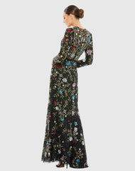 Black Floral Embellished Long Sleeve Gown