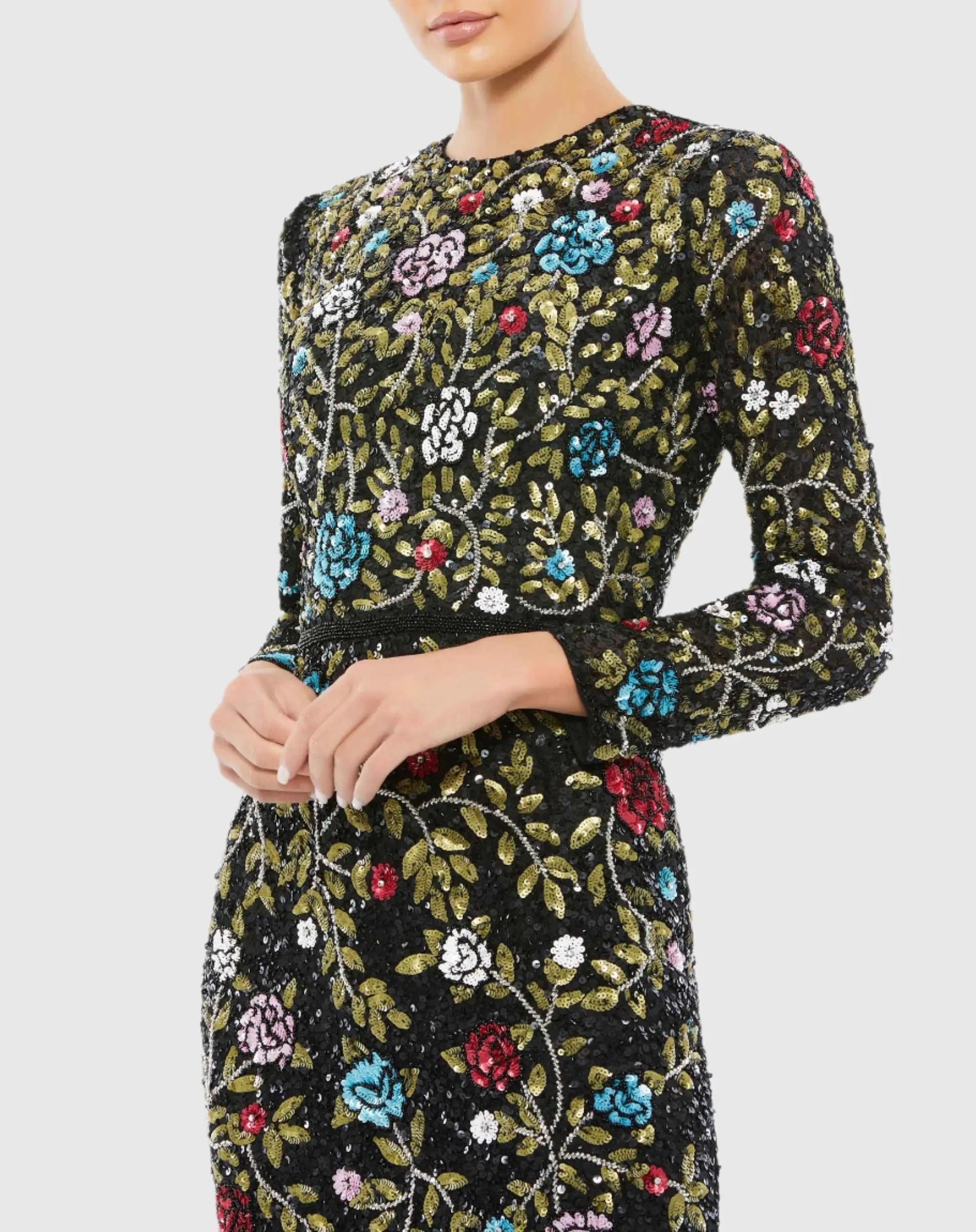 Black Floral Embellished Long Sleeve Gown