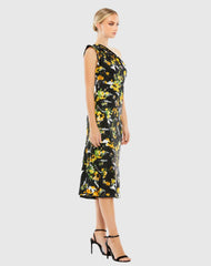 Black Floral Print Draped One Shoulder Midi Dress