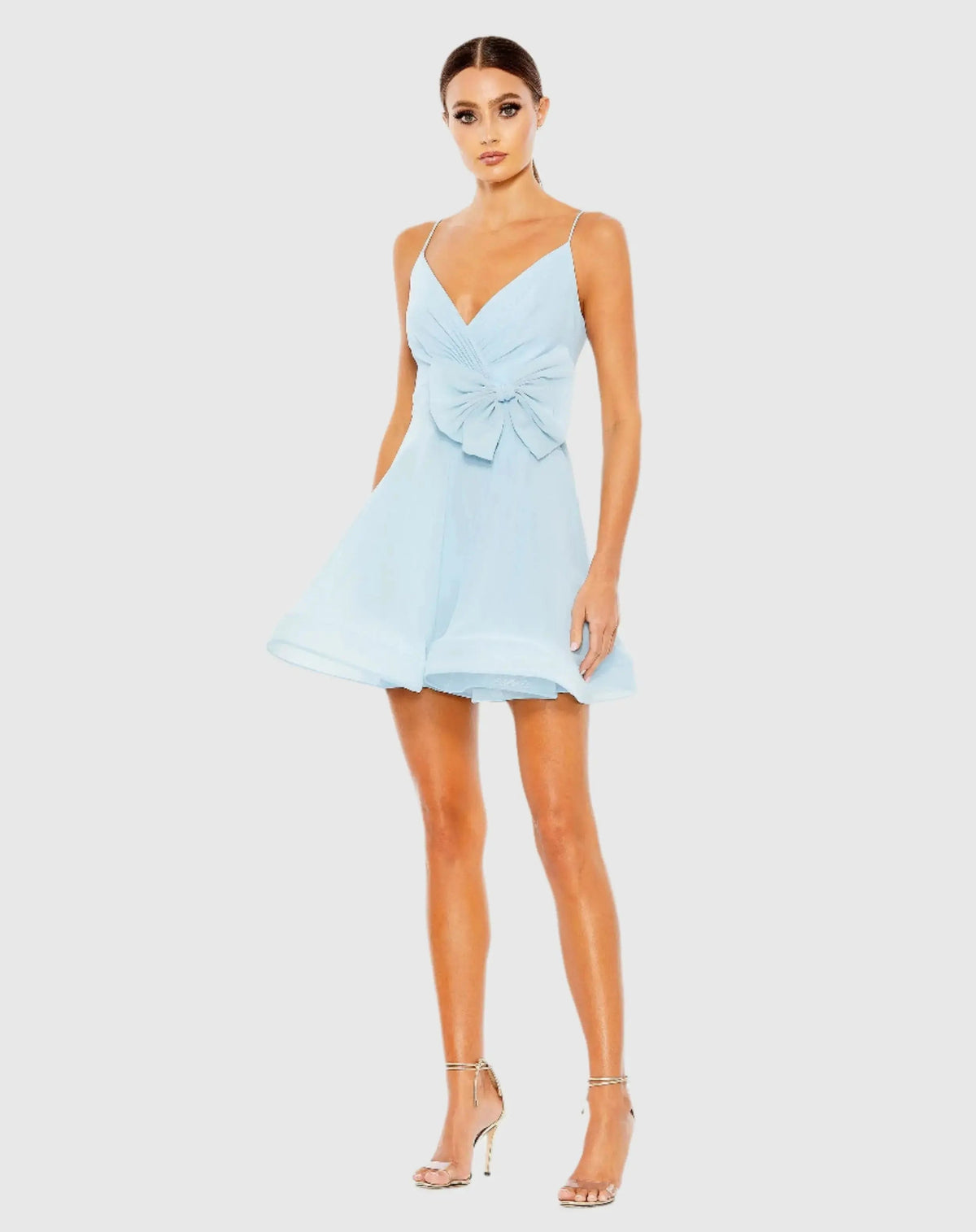 Blue Faux Wrap Bow Detail Flowy Mini Dress