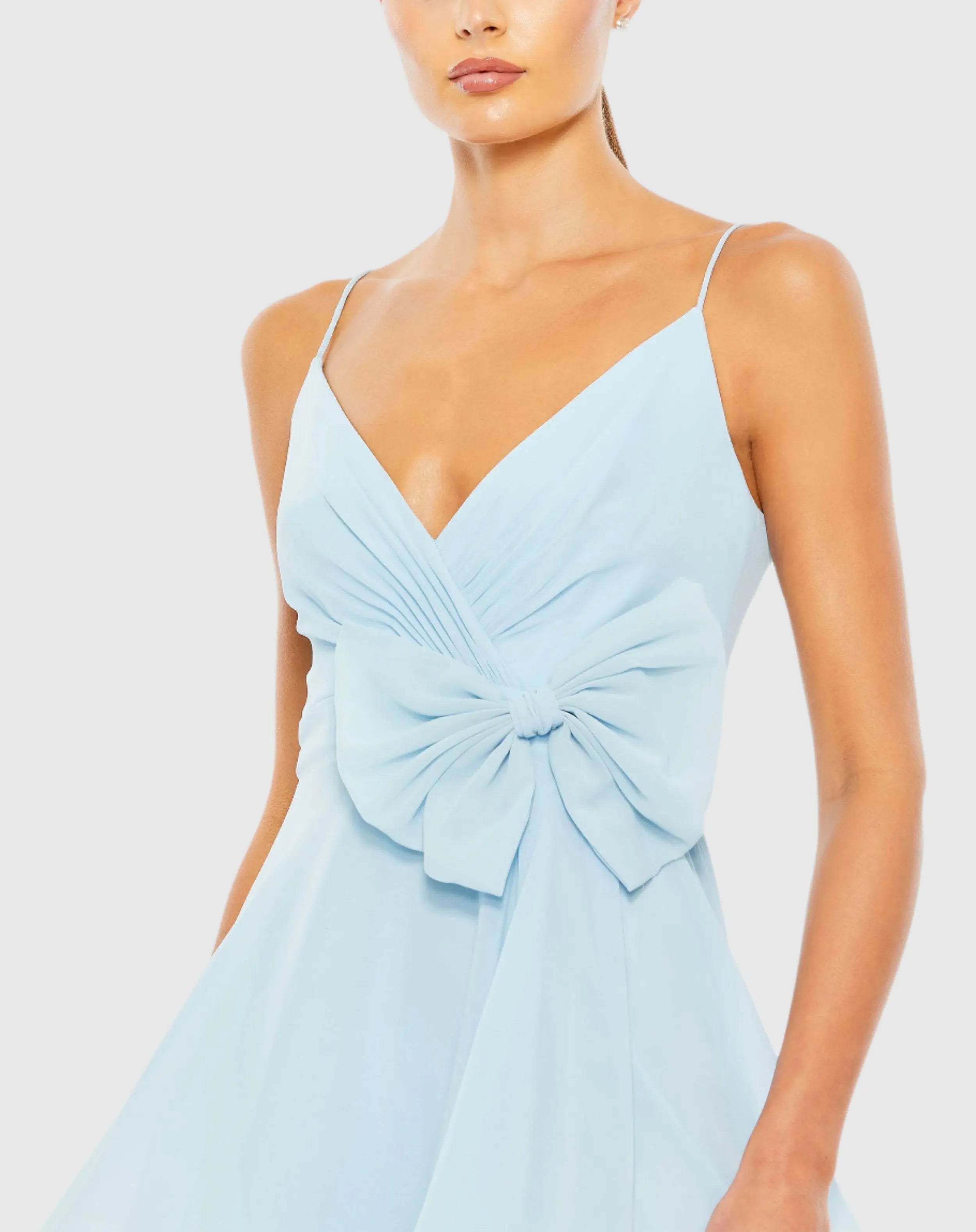 Blue Faux Wrap Bow Detail Flowy Mini Dress