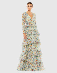 Green Floral Printed Tiered Ruffle Long Sleeve Gown