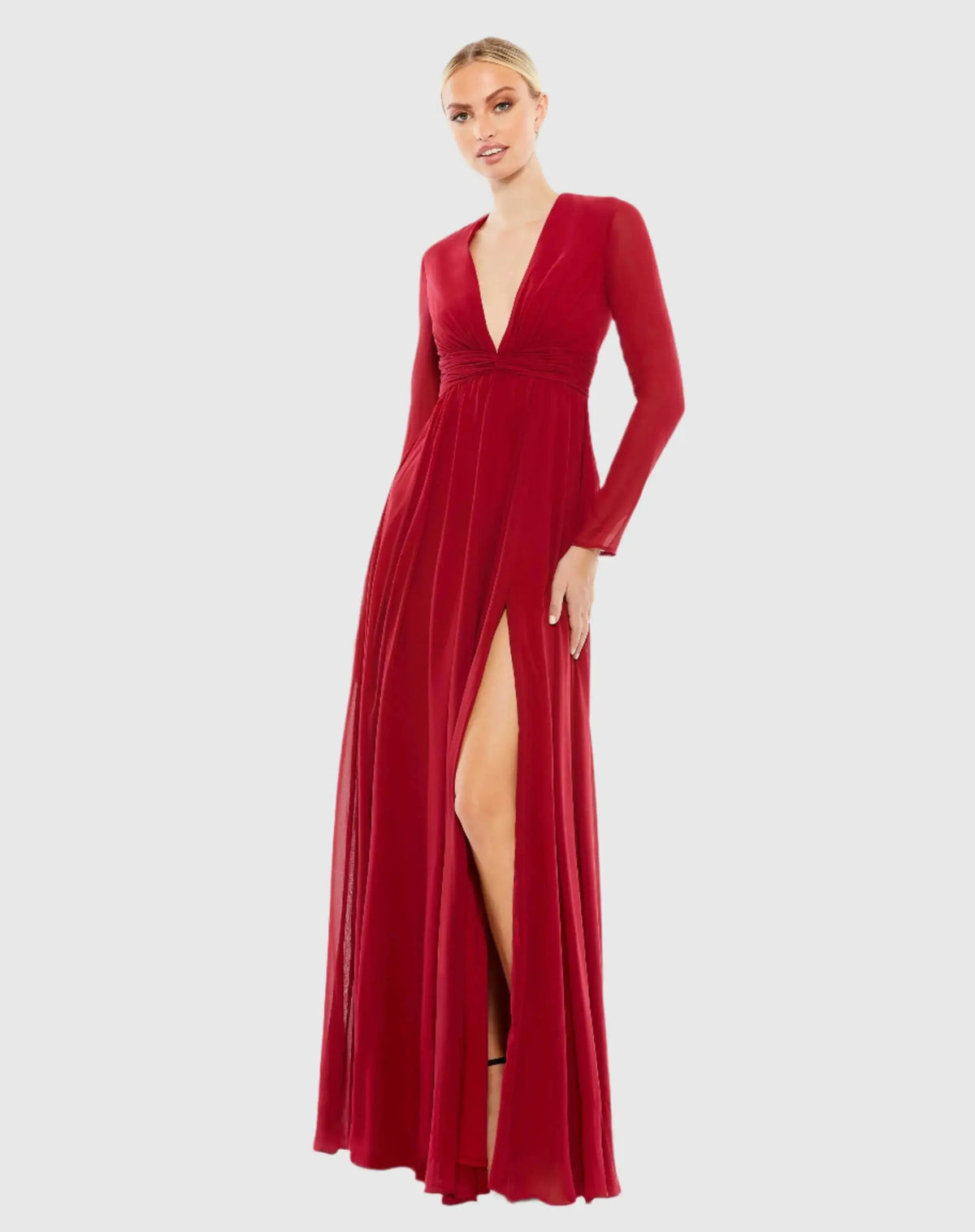 Red V-Neck Front Twist Long Sleeve Gown