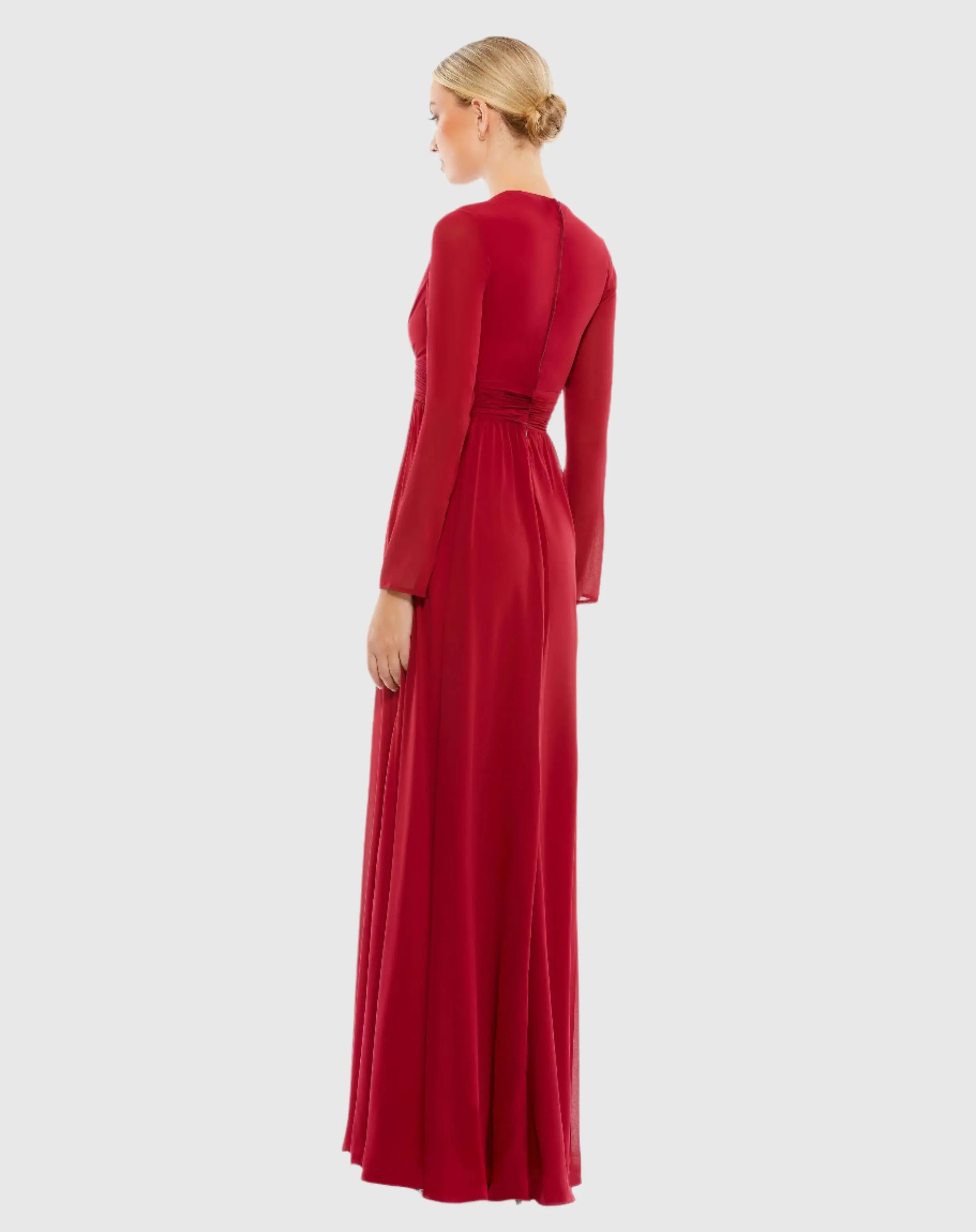 Red V-Neck Front Twist Long Sleeve Gown