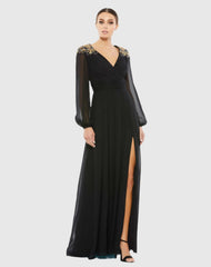 Black Embellished Shoulder Blouson Sleeve Evening Gown